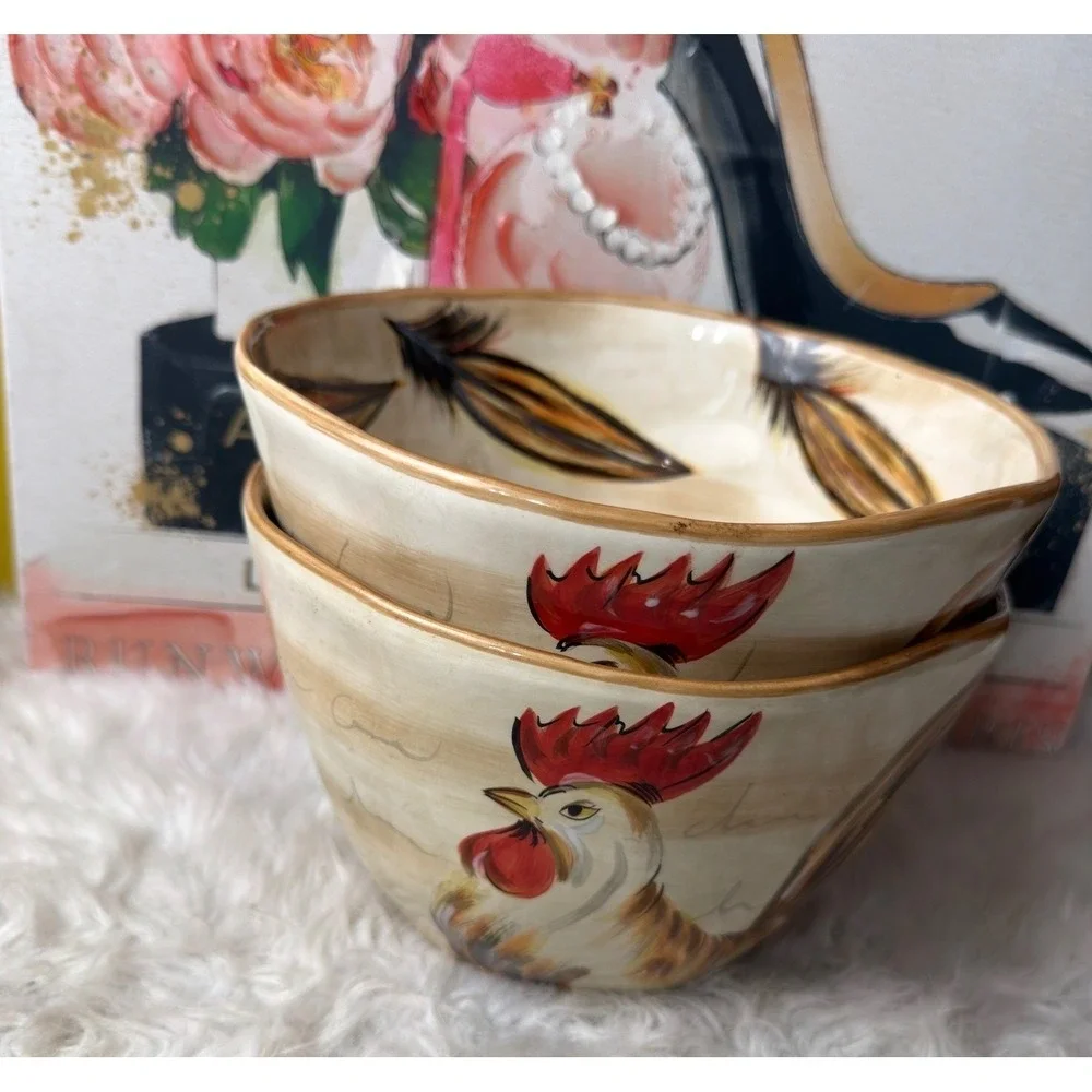 Tabletops Gallery Romalo Rooster Ceramic Bowls Set of 2 Hand Painted Farmhouse